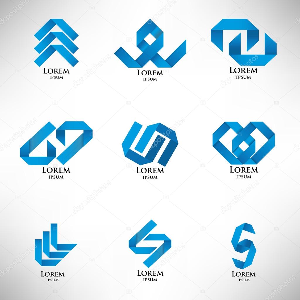 Set of abstract blue logo in origami style