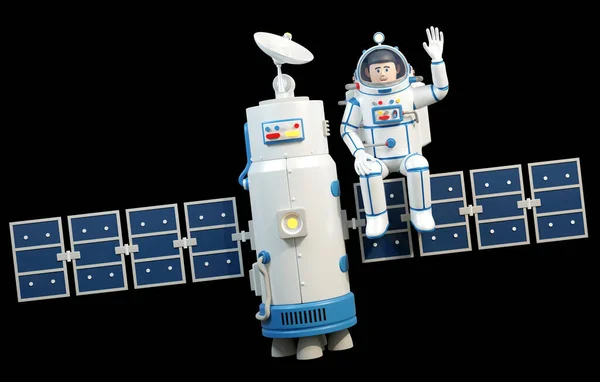 Astronaut im Raumanzug sitzt auf Weltraumsatellit — Stockfoto
