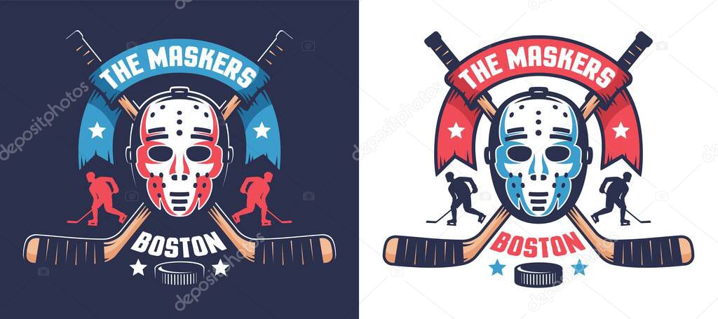 Hockey team logo with retro goalkeeper mask. Vintage emblem with hockey sticks and mask. Vector illustration.