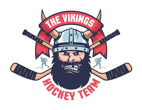 Znak hokejového týmu s Vikingskou hlavou a zkříženými holemi — Stockový vektor