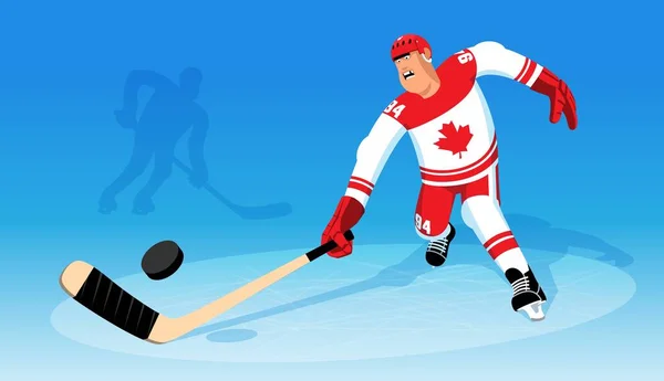 Canadian ice hockey player runs for the puck — Stock Vector