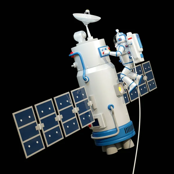 Astronaut i rymddräkt arbetar i öppna ytor med satellit — Stockfoto
