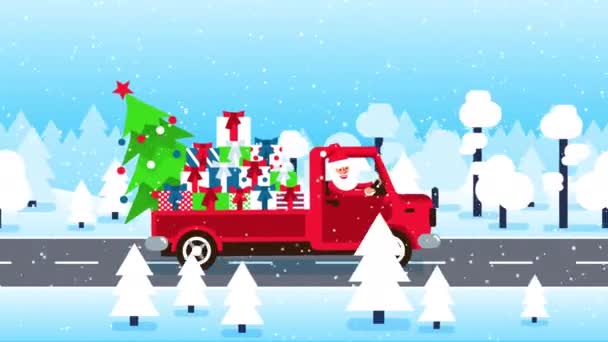 Święty Mikołaj niesie prezenty i choinkę na ciężarówce — Wideo stockowe