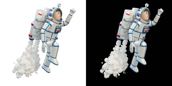 Astronauta in tuta spaziale con jetpack decolla nello spazio. — Foto Stock