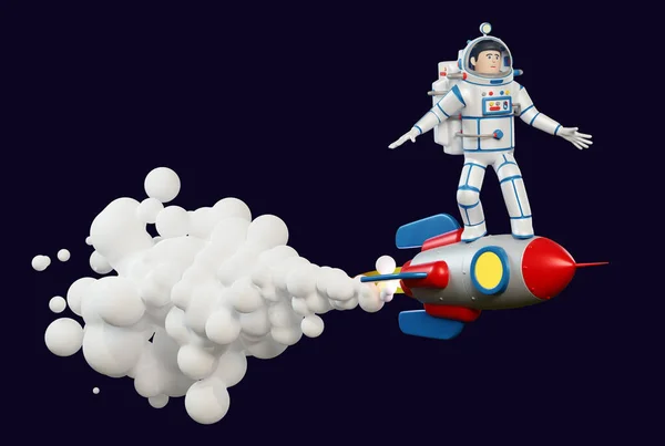 3d Astronaut in spacesuit riding on rocket — Zdjęcie stockowe