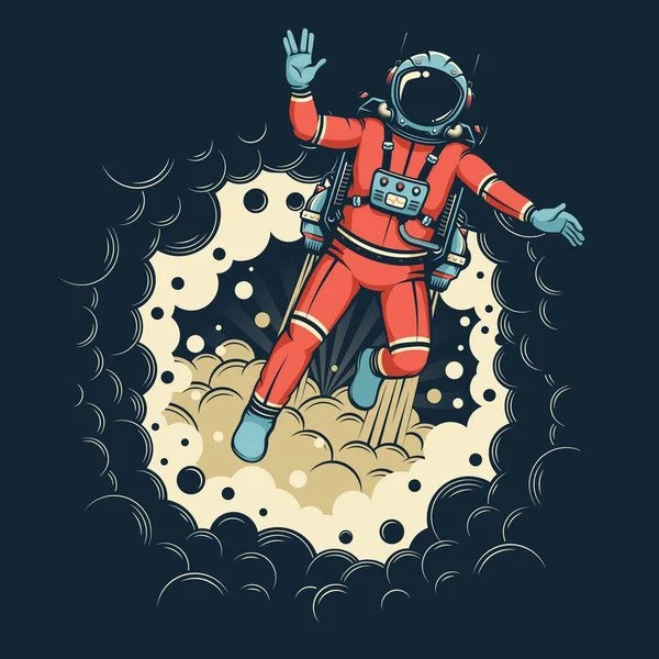Astronauta en traje espacial con jetpack vuela fuera del agujero negro — Vector de stock