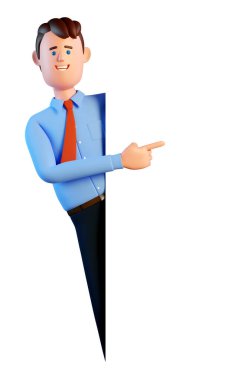 3D ofis çalışanı boş tahtayı işaret ediyor.