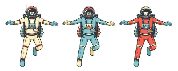 Astronaut Spacesuit Flies Isolated Retro Cosmonaut Comic Book Style Vintage — Stock Vector