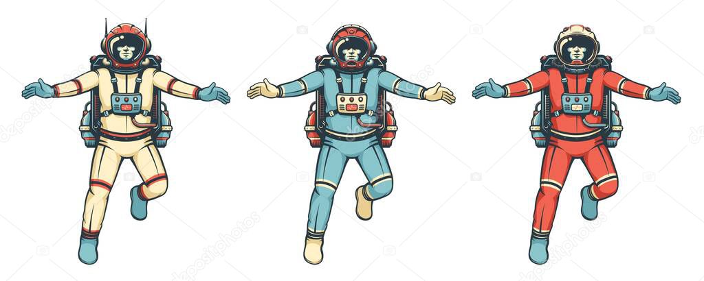 Astronaut in spacesuit flies. Isolated retro cosmonaut in comic book style. Vintage astronaut. Vector image.