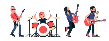 Farklı pozlarda enstrümanları olan rock grubu müzisyenleri