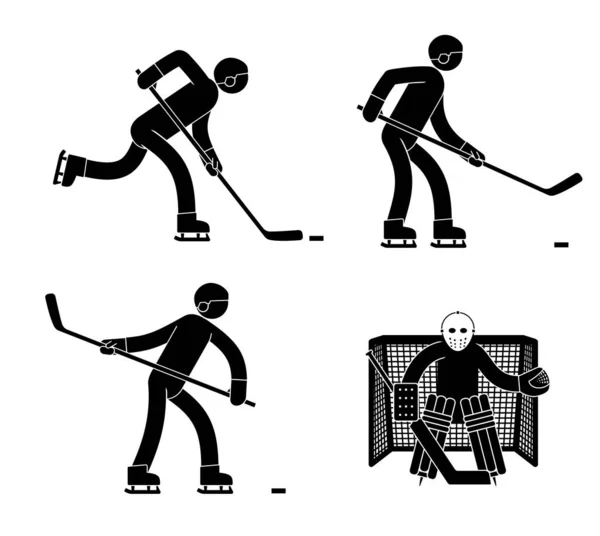 Pictogram man is a hockey player and goalkeeper in various poses — Stock Vector