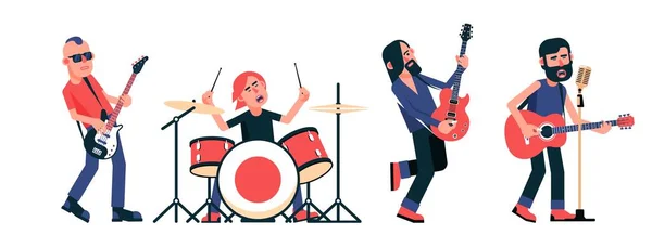 Rock band musicians with instruments in different poses — Stock Vector