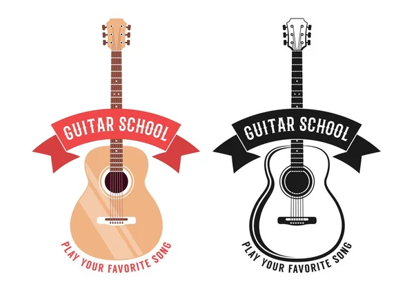 Acoustic guitar school logo with ribbon — Stock Vector