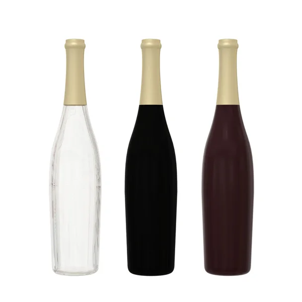Set de 3 botellas de vidrio largas aisladas sobre fondo blanco con cli — Foto de Stock