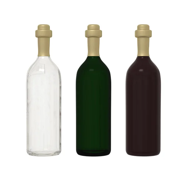 Set de 3 botellas de vidrio aisladas sobre fondo blanco con recorte — Foto de Stock