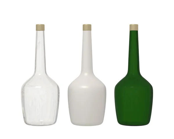 Set de 3 botellas de vidrio aisladas sobre fondo blanco con recorte — Foto de Stock