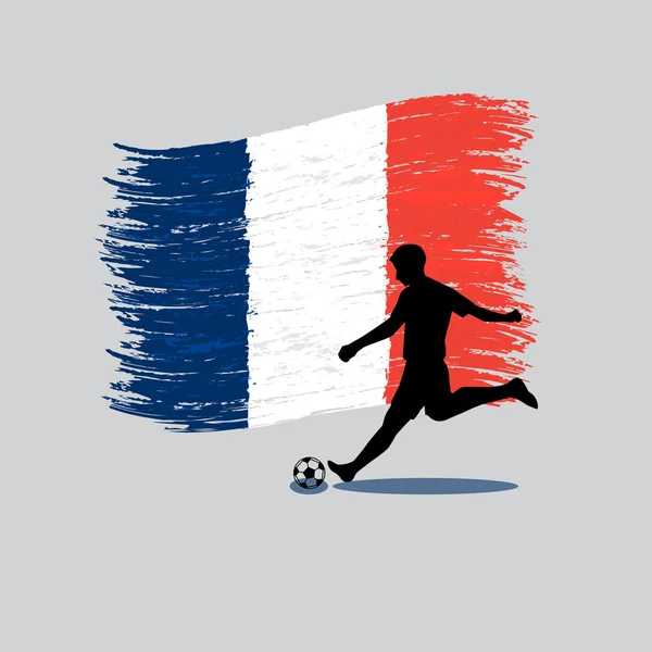 Jugador de fútbol acción con bandera de la República Francesa en segundo plano — Vector de stock