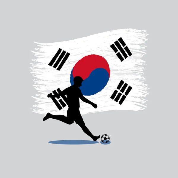 Voetbal speler actie met de Republiek Korea vlag op achtergrond — Stockvector