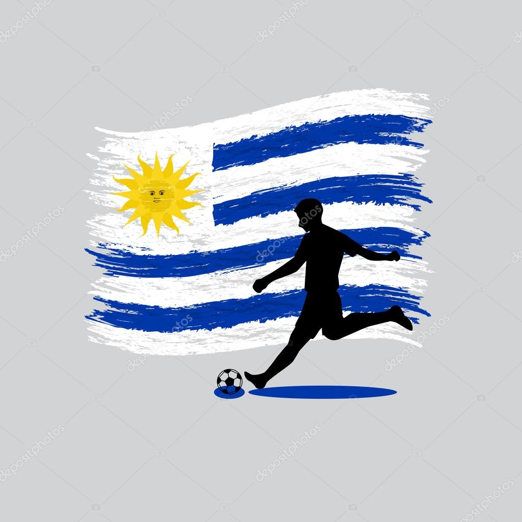 Soccer Player action Oriental Republic of Uruguay  flag on backg