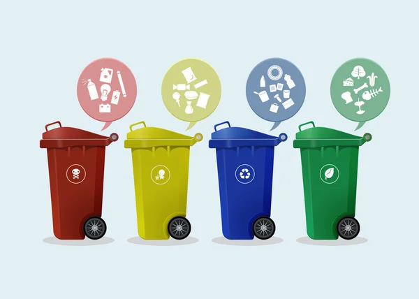 Différents bacs à roue colorés avec icône de déchets — Image vectorielle