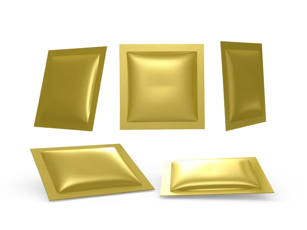 Kwadrat złota folia ciepła uszczelnionych pakietów ze ścieżką przycinającą — Zdjęcie stockowe