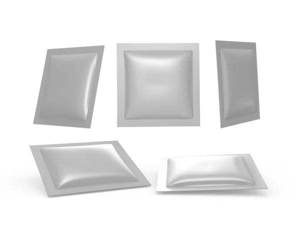 Square silver  foil heat sealed packet with clipping path — Stock Photo, Image