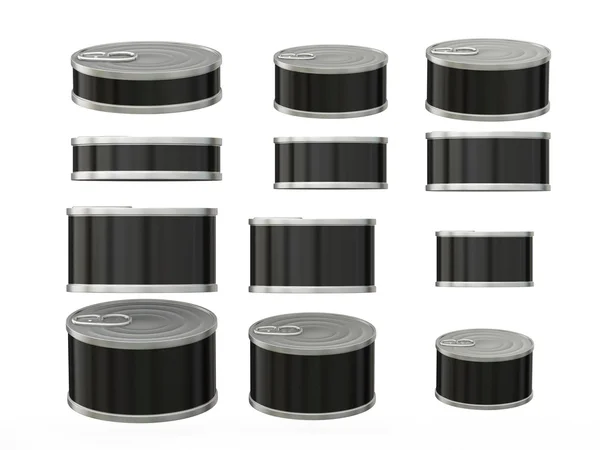 Set of black short cylindrical tin cans in various sizes, clippi — Stock Photo, Image