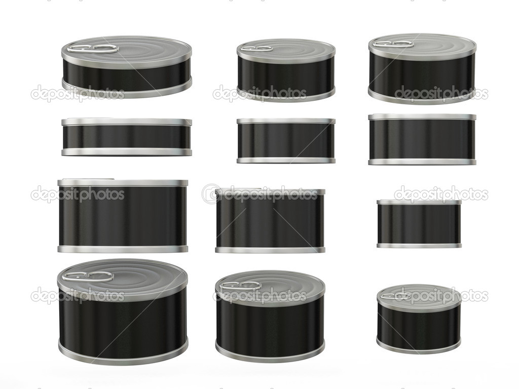 Set of black short cylindrical tin cans in various sizes, clippi