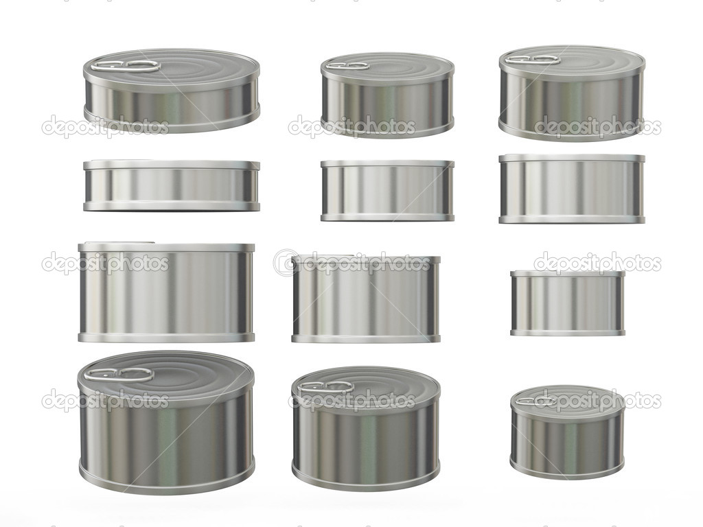 Set of short cylindrical aluminum  tin cans in various sizes, cl