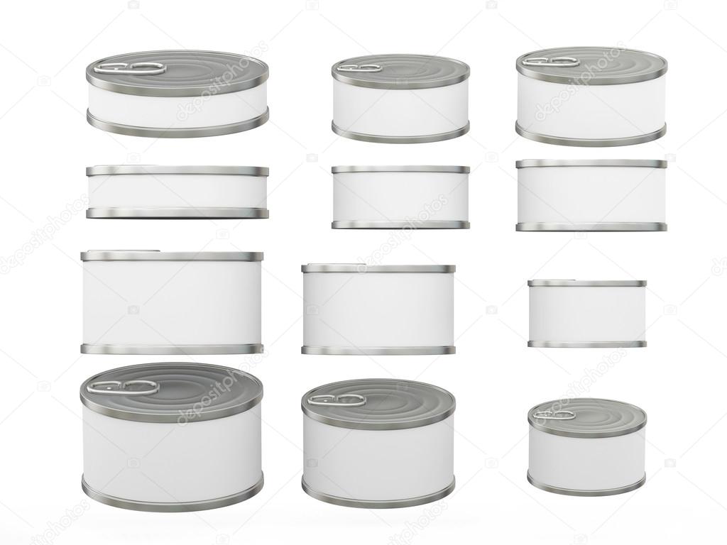 Set of white short  cylindrical tin cans in various sizes, clipp