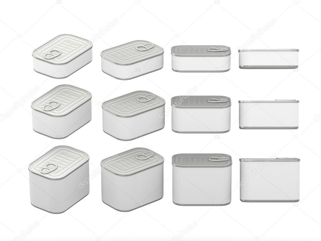 Set of white rectangle  tin cans in various sizes, clipping path