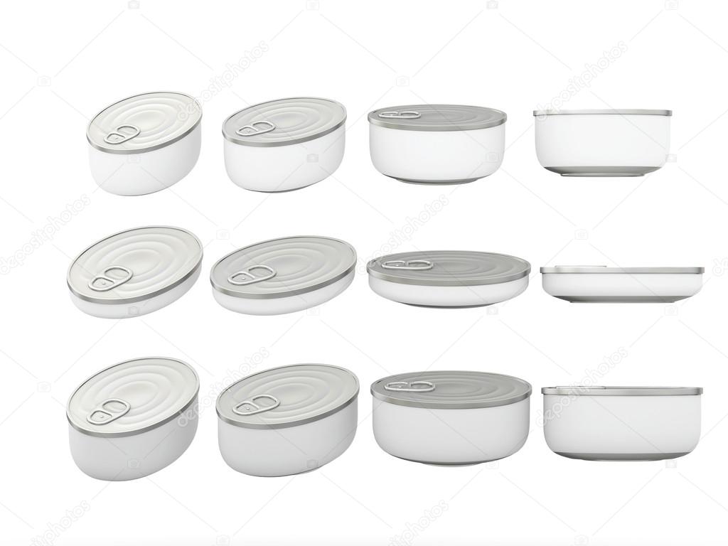 Set of white round bottom oval tin cans in various sizes, clippi