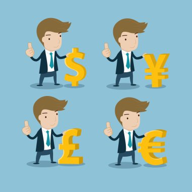ana para birimi simgeleri ile işadamı