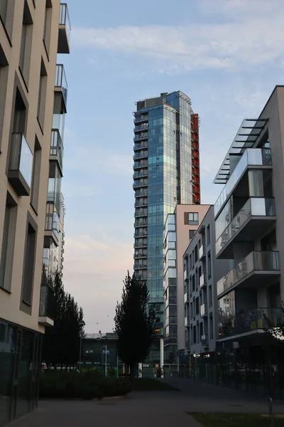View of a tall building in the morning at sunrise