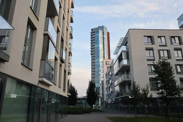 View of a tall building in the morning at sunrise