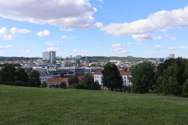 City panorama in sunny weather with grass