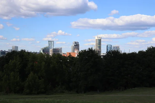 City panorama in sunny weather with grass