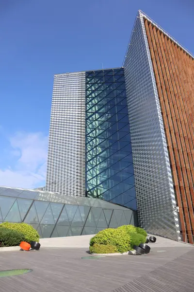 Modern business center, the roof of the building, greenery on the roof