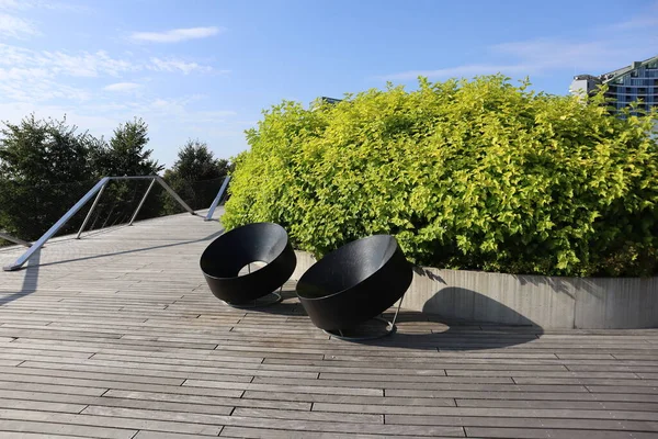 Modern business center, the roof of the building, greenery on the roof