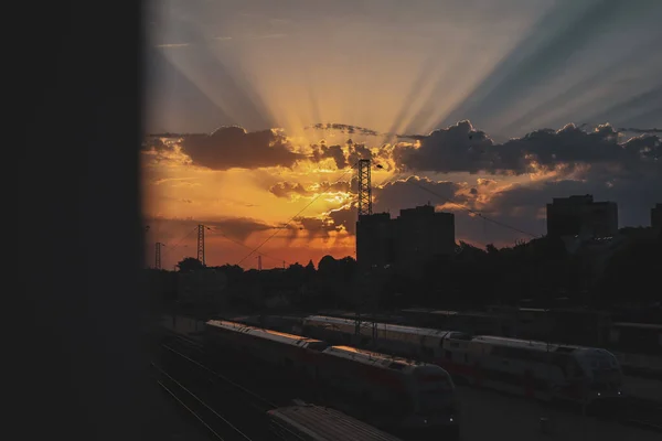View of the railway, bright sunrise, view from above