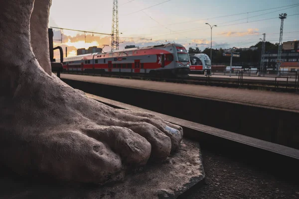 View of the railway, bright sunrise, view from above