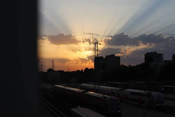 View of the railway, bright sunrise, view from above
