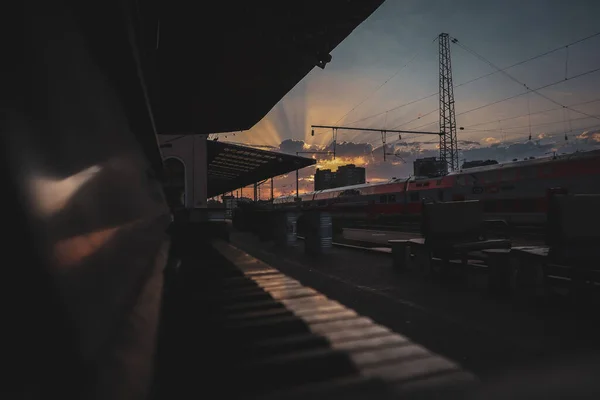 View of the railway, bright sunrise, view from above
