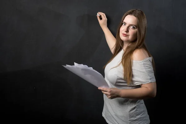 Girl European Appearance Sheets Paper Slate School Wall Teacher Student — Stock Photo, Image