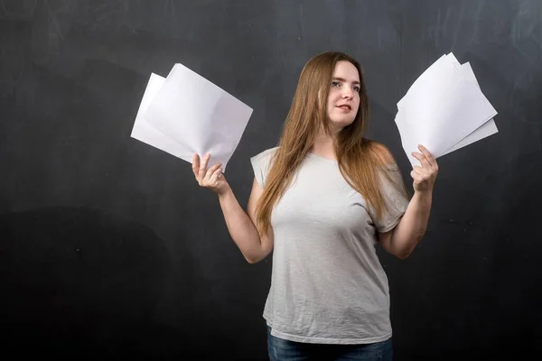 Woman Holds Sheets Paper Two Hands Place Text Office Worker — Stock Photo, Image