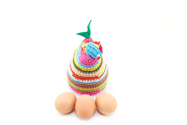 Colorful knitting chicken with eggs — Stock Photo, Image