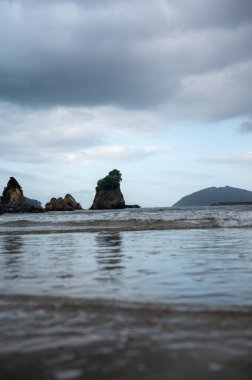 Rocky cliffs, some covered in vegetation, dropping into the ocean