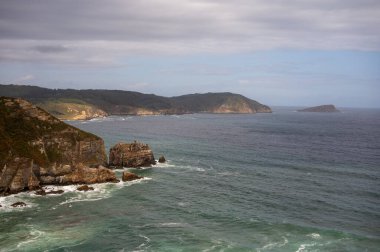 Rocky cliffs, some covered in vegetation, dropping into the ocean