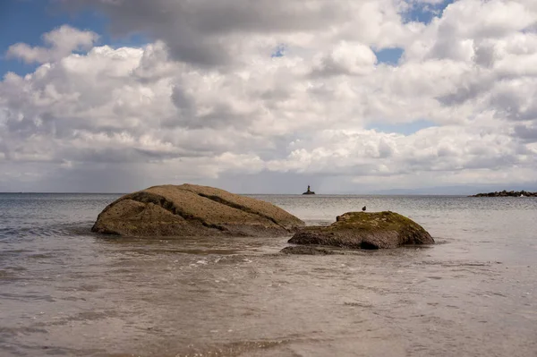 Ocean with a rock in the middle and a bird on the rock. Lighthouse in the background in the middle of the ocean