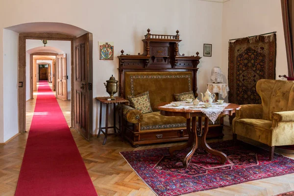 Miclosoara罗马尼亚Kalnoky城堡房东的沙龙 长长的红地毯大堂在卡诺基城堡走廊 红地毯 老式灯具 — 图库照片